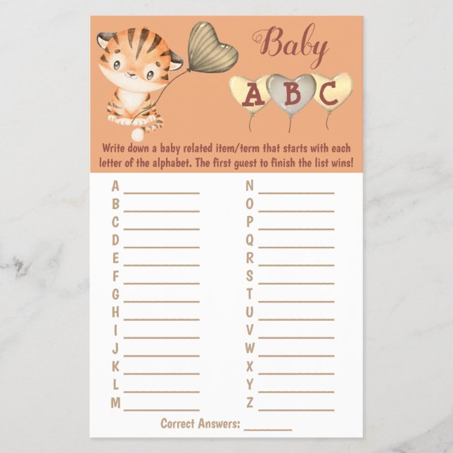 Flyer Bebé Tigre | Tarjeta de juego Baby Shower ABC (Frente)