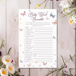Flyer Bebé Word Scramble Watercolor Butfly Shower