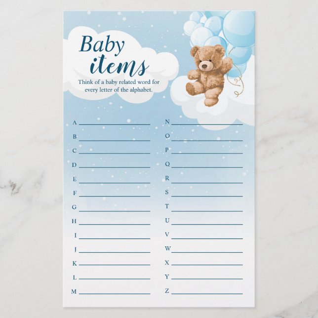 Flyer Bebés Alphabet Blue Bear Juego de Baby Shower (Frente)