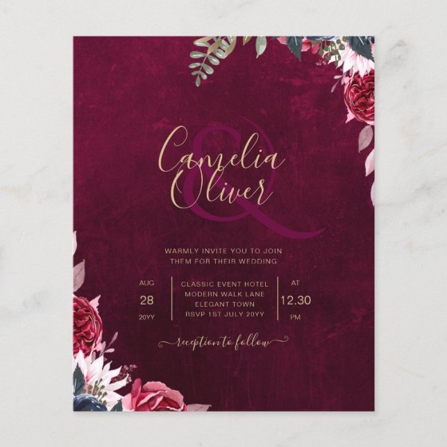 Flyer Berry Wine Floral Wedding  (Frente)