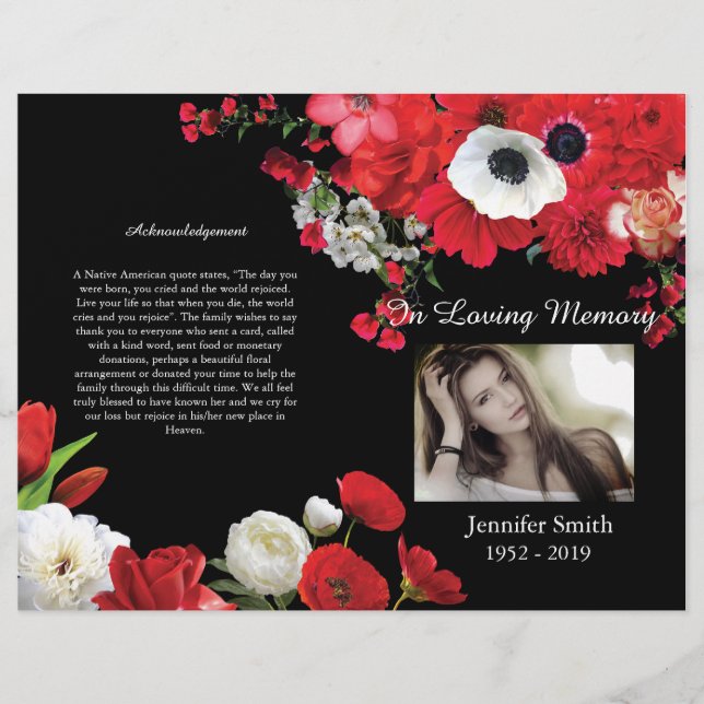 Flyer Bi-Fold Red Flowers Black Funeral Program (Frente)