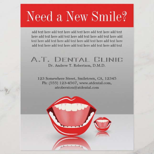 Flyer Big Mouth Dentist Dentistry Dental Gris Dental Roj (Frente)