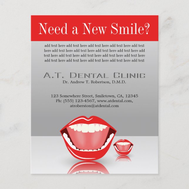 Flyer Big Mouth Pequeña Dentista Dentista Gris Rojo Dent (Frente)
