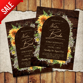 Flyer Bilingüe Rústico Azul Amarillo Girasoles Boda