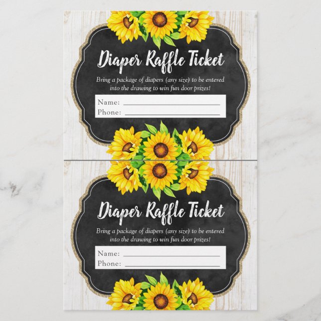 Flyer Billete de entrada de Sunflower Baby Shower Diaper (Frente)