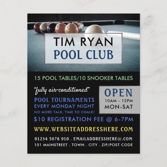 Flyer Billiards Table, Pool, Snooker Club Advertising (Frente)