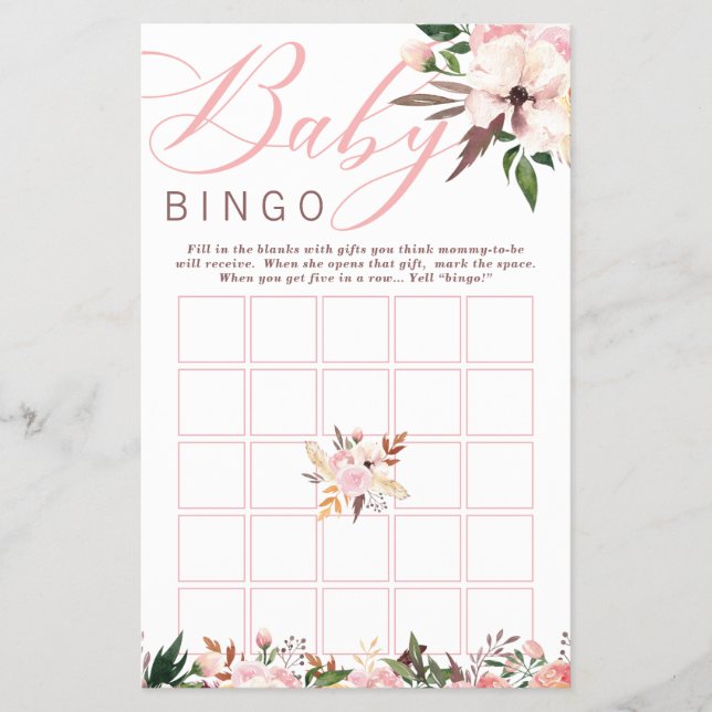 Flyer Bingo Baby Shower, Boho con flores (Frente)