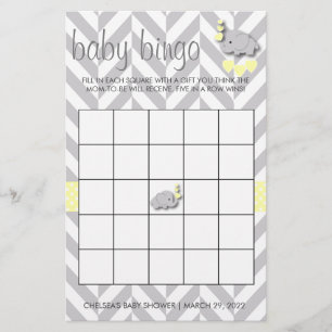 Flyer Bingo Baby Shower de elefante amarillo y gris dulc