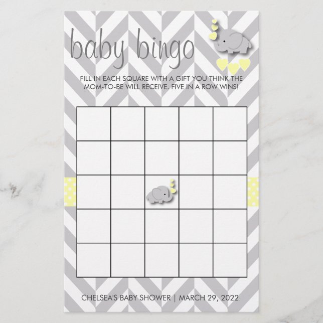 Flyer Bingo Baby Shower de elefante amarillo y gris dulc (Frente)