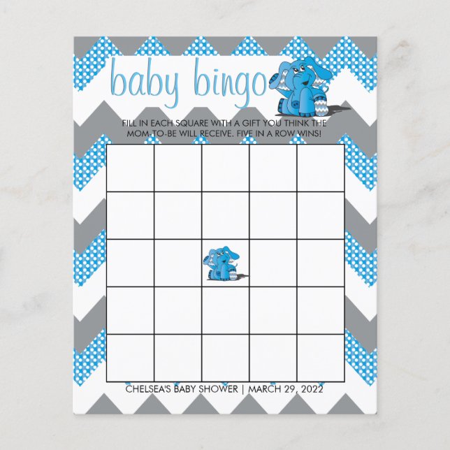 Flyer Bingo Baby Shower de elefante de chevron azul y gr (Frente)