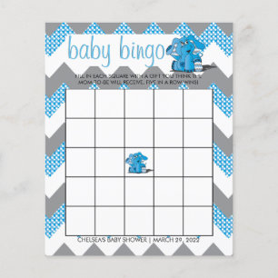 Flyer Bingo Baby Shower de elefante de chevron azul y gr