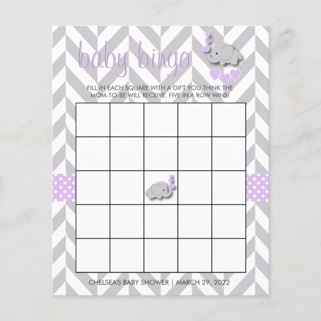 Flyer Bingo Baby Shower de elefante gris y morado dulce (Frente)