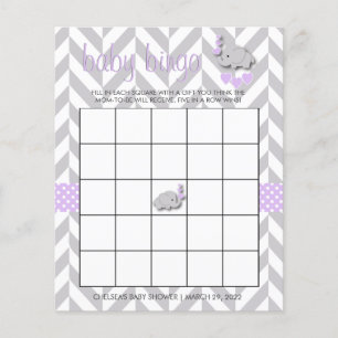 Flyer Bingo Baby Shower de elefante gris y morado dulce