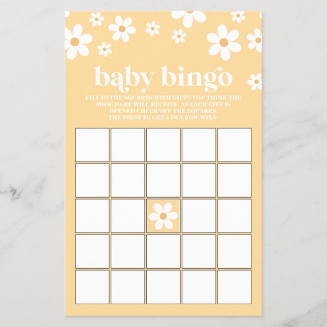 Flyer Bingo Baby Shower de Yellow Retro Daisy (Frente)