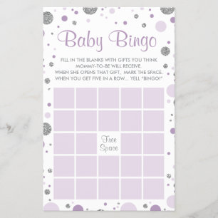 Flyer Bingo Baby Shower, Faux Confetti, Purple, Silver
