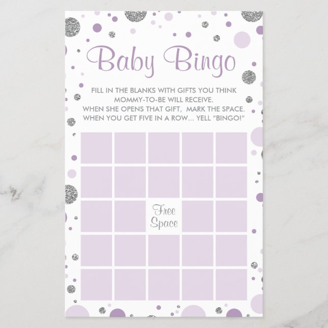 Flyer Bingo Baby Shower, Faux Confetti, Purple, Silver (Frente)