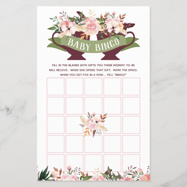 Flyer Bingo Baby Shower, Fiesta del té boho con flores (Frente)