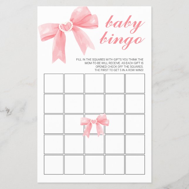 Flyer Bingo Baby Shower floral de Bow rosado (Frente)