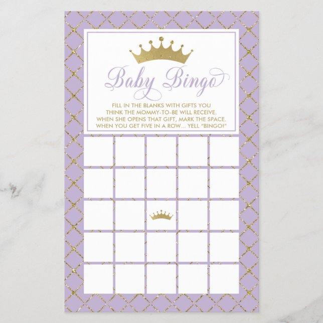 Flyer Bingo Bebé, juego de Baby Shower Princesa (Frente)