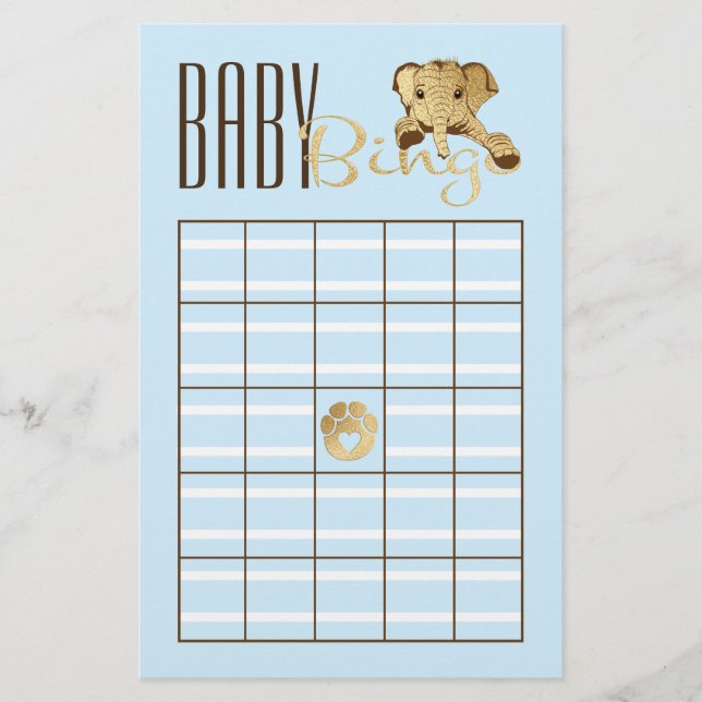 Flyer Bingo de Baby Shower Azul Bebé Elefante Dorado (Frente)