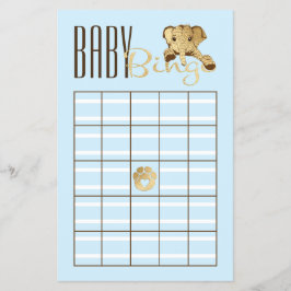 Flyer Bingo de Baby Shower Azul Bebé Elefante Dorado