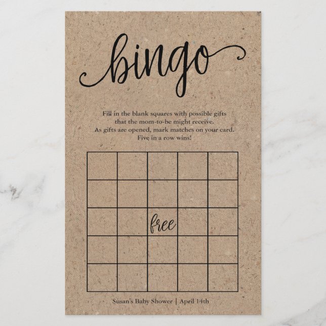 Flyer Bingo de Baby Shower de Kraft rústico, tarjeta de  (Frente)