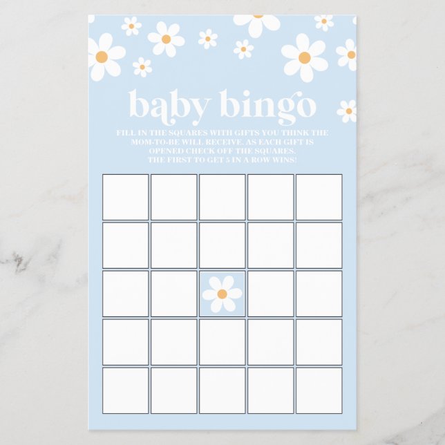 Flyer Bingo de Baby Shower de Margaritas Retro Azules (Frente)