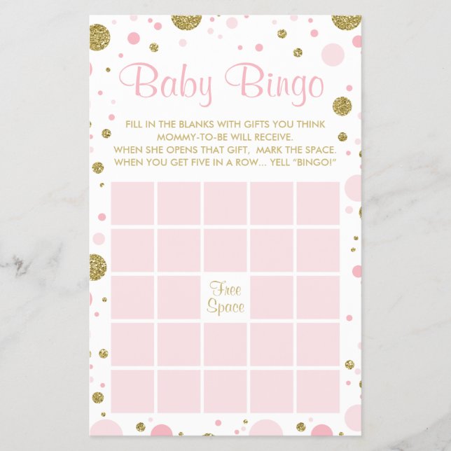 Flyer Bingo de Baby Shower, faux Confetti, rosado, oro (Frente)