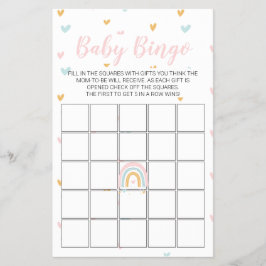 Flyer Bingo de Baby Shower Pastel Rainbow and Hearts