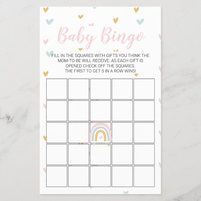 Flyer Bingo de Baby Shower Pastel Rainbow and Hearts (Frente)