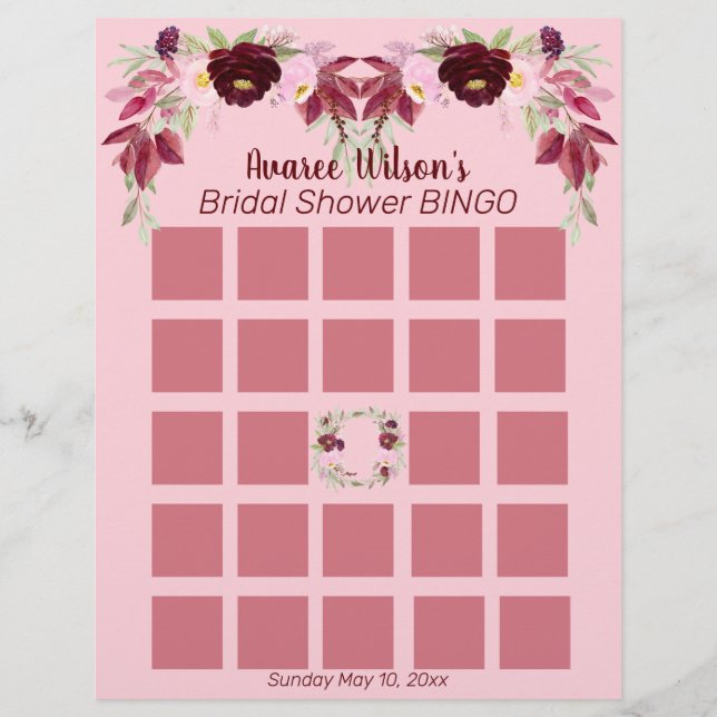 Flyer Bingo de Despedida de Soltera con Acuarela Rosa y  (Frente)