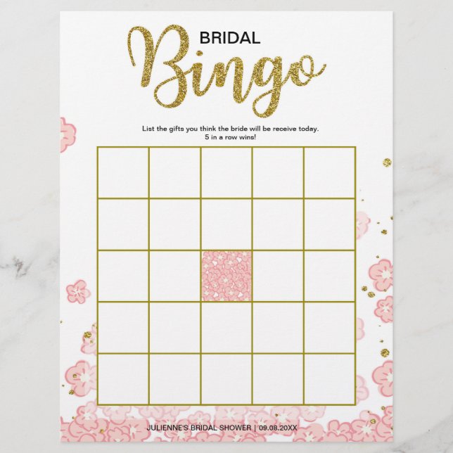 Flyer Bingo de ducha de novia asequible | Rosa y oro (Frente)