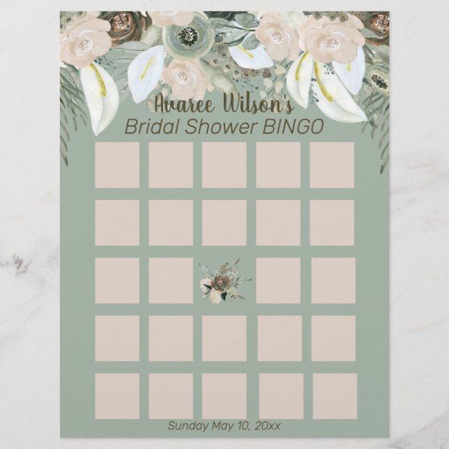 Flyer Bingo de ducha de novia Sage Green Watercolor (Frente)