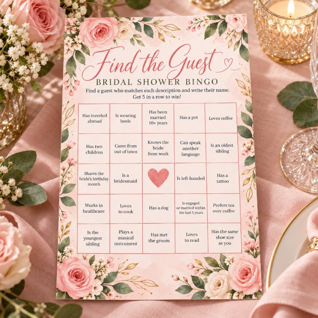 Flyer Bingo de Encuentra al Invitado con Flores Rosadas  (Blush Floral Find the Guest Bridal Shower Bingo)