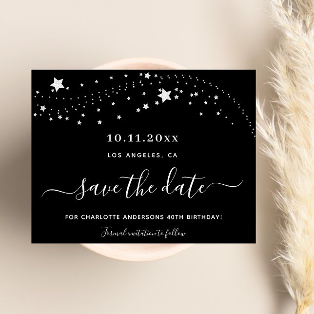 Flyer Birthday black silver stars budget save the date (Subido por el creador)