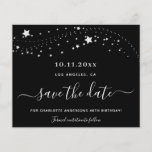 Flyer Birthday black silver stars budget save the date<br><div class="desc">Please note that this Save the date is on flyer paper and very thin. Envelopes are not included. For thicker Save the Date card (same design) please visit our store. A trendy Save the Date card for a 40th (or any age) birthday party. A stylish black background decorated with faux...</div>