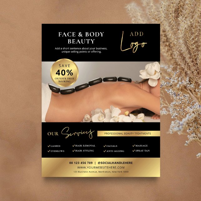 Flyer Black & Gold Beauty Spa Salon Services Marketing (Modern business flyer in black and gold with large photo and custom text)