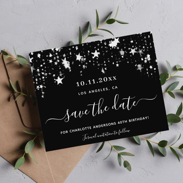 Flyer Black silver stars birthday budget save the date (Subido por el creador)