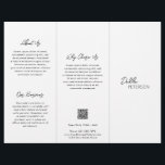 Flyer Blanco blanco simple código QR contemporáneo moder<br><div class="desc">Folleto moderno y profesional en blanco y negro con un diseño sencillo y minimalista con tu nombre en un guión elegante y una fuente sans serif contemporánea. La plantilla incluye varias secciones divididas para sus servicios en un diseño minimalista. La parte posterior tiene la información de contacto y el código...</div>