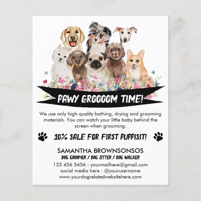 Flyer Blanco Negro Sencillo Floral Ilustrador Perro (Frente)