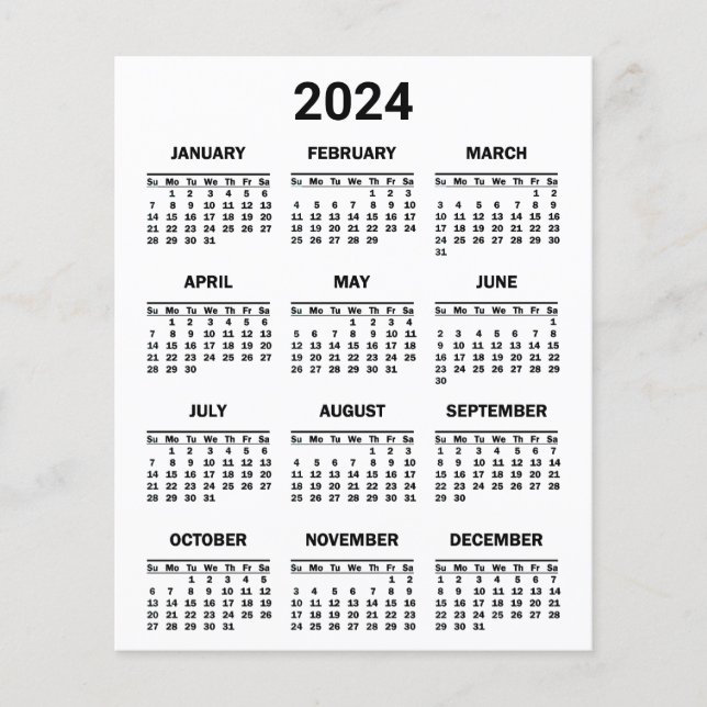 Flyer Blanco y negro 2024 Año a la vista Calendario (Frente)