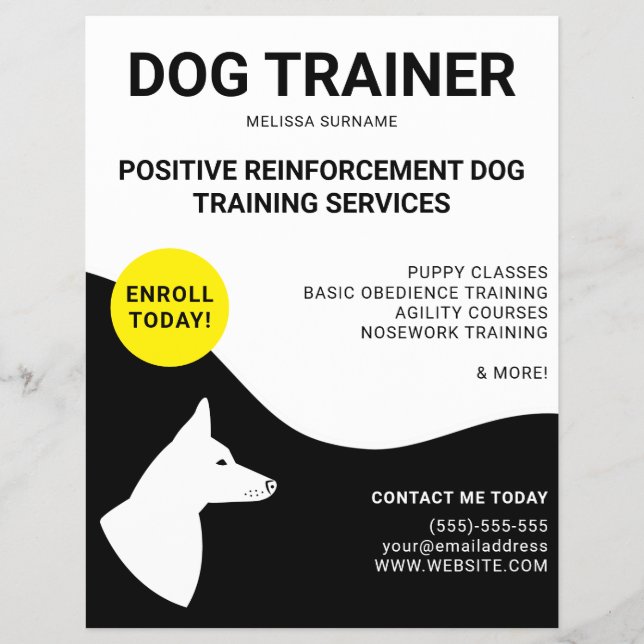 Flyer Blanco y negro con diseño de perro amarillo - Entr (Frente)