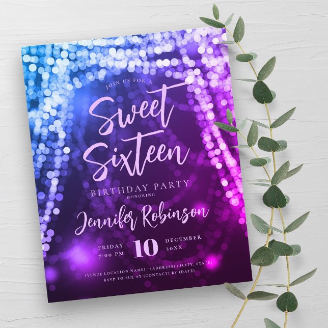 Flyer Blue Blue Purple String Lights Sweet 16 Invite (Budget Blue Purple String Lights Sweet 16 Invite Flyer)