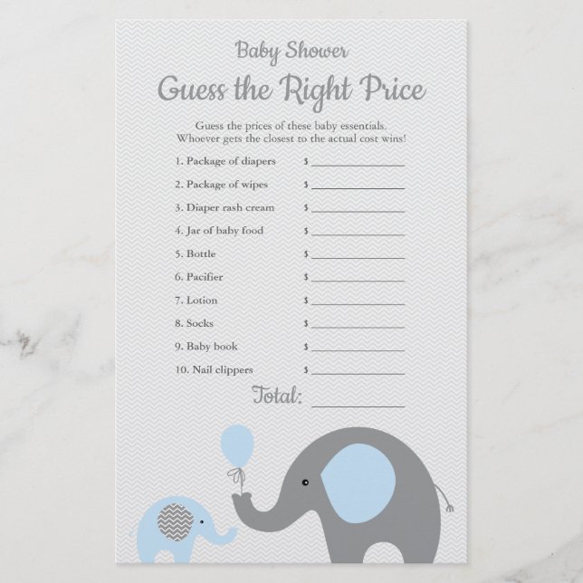 Flyer Blue Elephant Baby Shower Price es el juego correc (Frente)