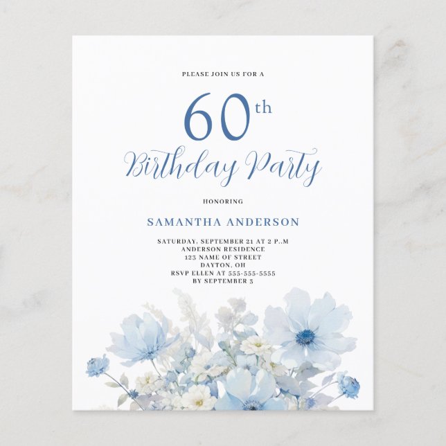 Flyer Blue Floral Budget Invitación a los 60 Años (Frente)