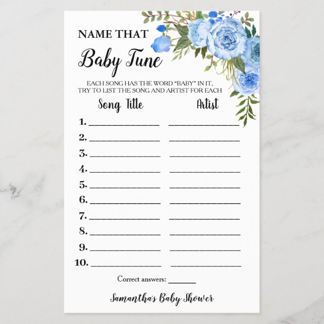 Flyer Blue Floral Nombre bebé Tune tarjeta de juego Baby (Frente)