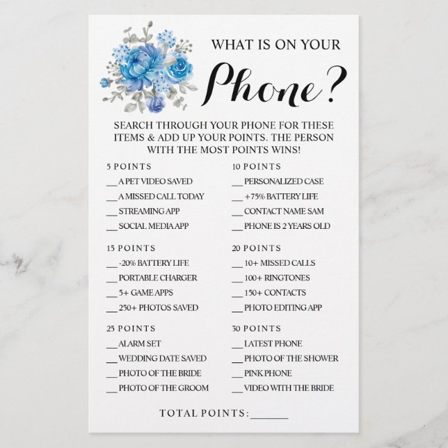 Flyer Blue flower What is on your Phone Shower Game Card (Frente)