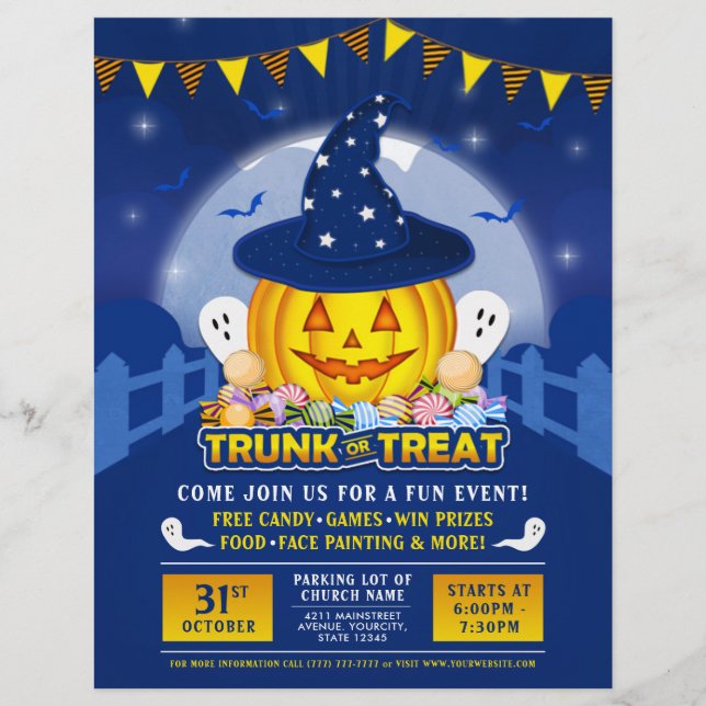 Flyer Blue Halloween Trunk or Trete Cute Pumpkin Event (Frente)
