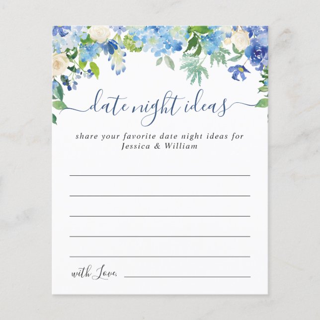 Flyer Blue Hydrangea Bridal Shower Date Night Idea Card (Frente)