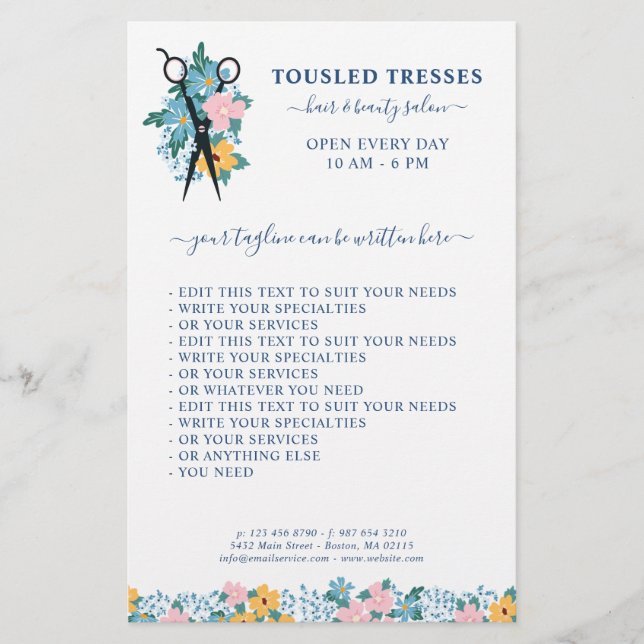 Flyer Blue Pink Yellow Floral Scissors Hair Salon (Frente)